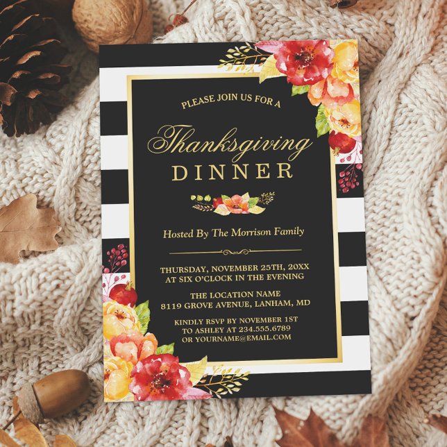 Thanksgiving Dinner Autumn Gold Red Floral Stripes Invitation (Creator Uploaded)