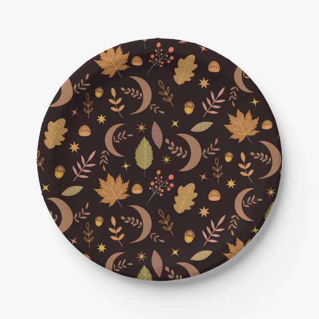 Thanksgiving Dinner Autumn Leaves with Boho Moon  Paper Plate (Front)