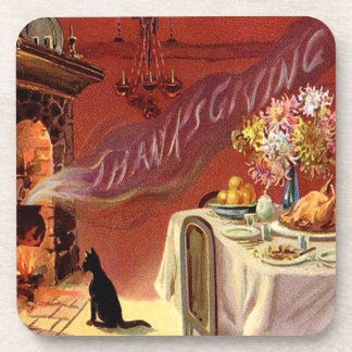 Thanksgiving Dinner Black Cat Fireplace Turkey Coaster