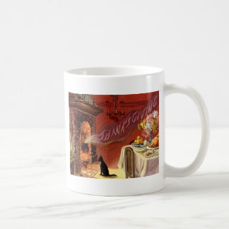 Thanksgiving Dinner Black Cat Fireplace Turkey Coffee Mug