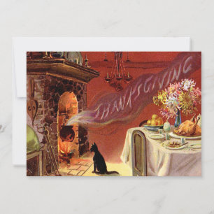 Thanksgiving Dinner Black Cat Fireplace Turkey Holiday Card