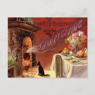 Thanksgiving Dinner Black Cat Fireplace Turkey Holiday Postcard