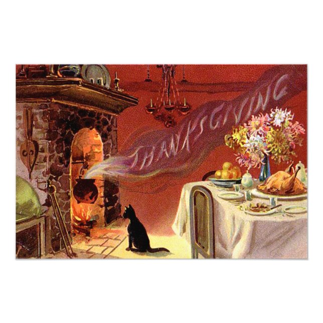 Thanksgiving Dinner Black Cat Fireplace Turkey Photo Print (Front)