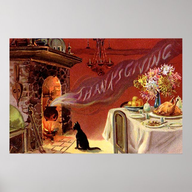Thanksgiving Dinner Black Cat Fireplace Turkey Poster (Front)