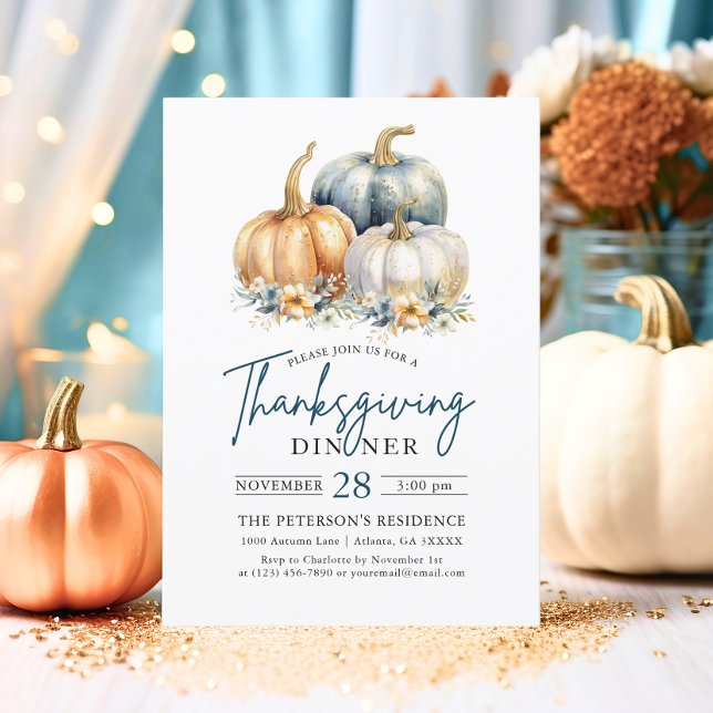 Thanksgiving Dinner Blue Orange Gold Pumpkins Invitation (Thanksgiving Dinner Blue Orange Gold Pumpkins Flowers Invitation)