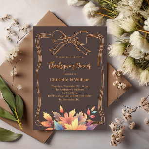 Thanksgiving dinner bow bistre brown fall leaves invitation