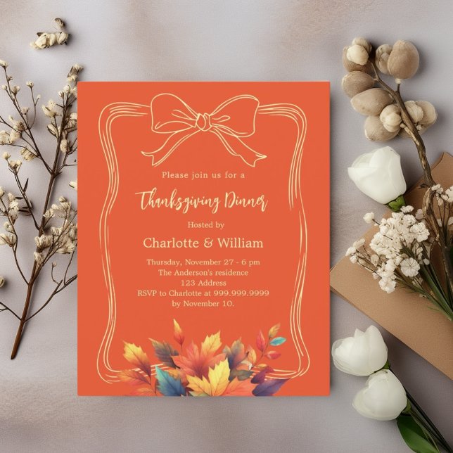 Thanksgiving dinner bow orange leaves invitation (Creator Uploaded)