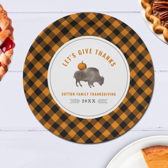 Thanksgiving Dinner Buffalo Bison Pumpkin Plaid Paper Plate (Creator Uploaded)