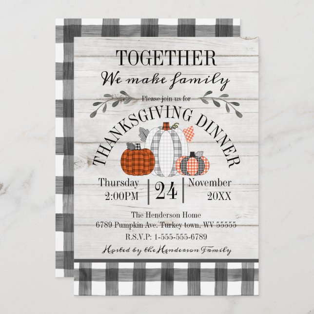 Thanksgiving Dinner Buffalo Plaid Pumpkins Invitation (Front/Back)