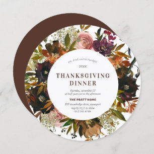 Thanksgiving Dinner Burgundy Red Floral Modern Invitation