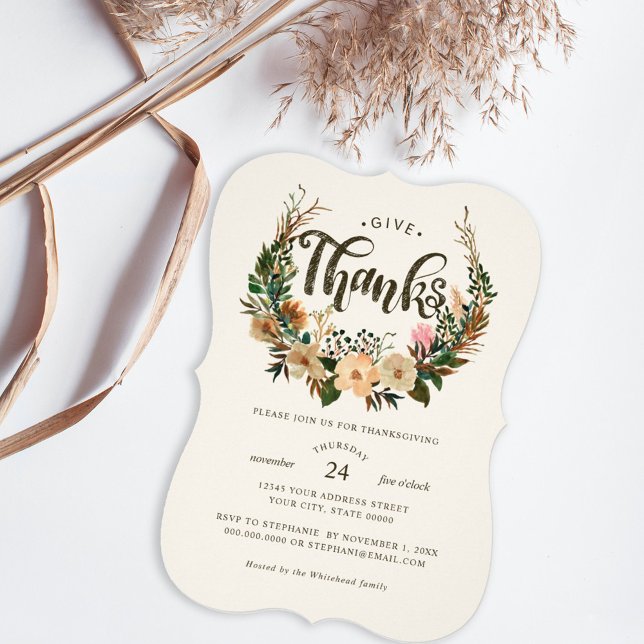 Thanksgiving Dinner Fall Floral Wreath  Invitation (You're invited to a Thanksgiving celebration like no other. This dinner will be a moment of sharing.)