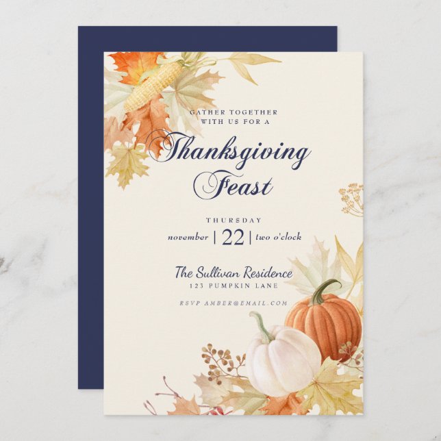 Thanksgiving Dinner Feast Floral Pumpkin Navy Blue Invitation (Front/Back)