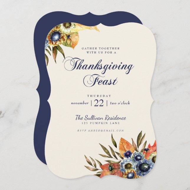 Thanksgiving Dinner Feast Invitation Floral Navy (Front/Back)