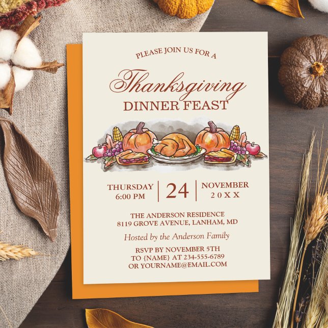Thanksgiving Dinner Feast with Turkey Pumpkin Invitation (Creator Uploaded)