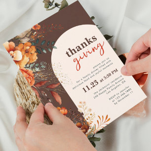 Thanksgiving dinner floral brown invitation