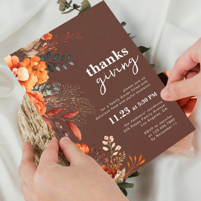 Thanksgiving dinner floral brown invitation (Creator Uploaded)