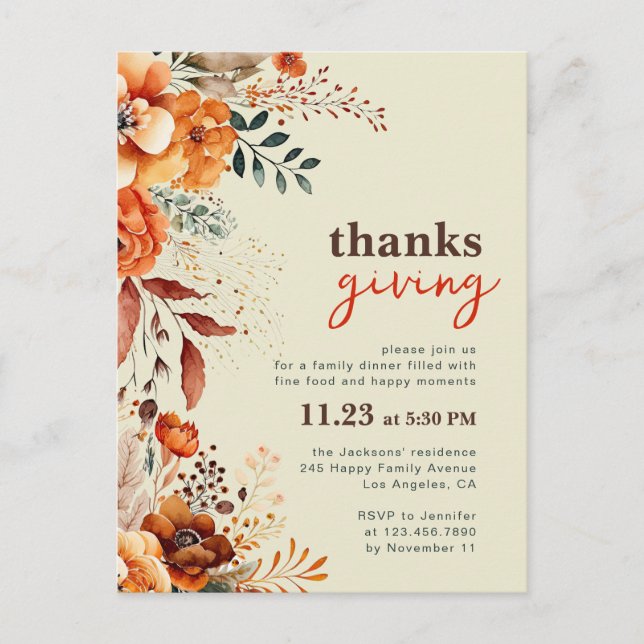 Thanksgiving dinner floral invitation  postcard (Front)