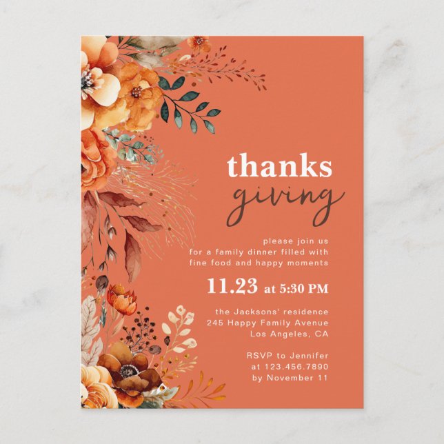 Thanksgiving dinner floral invitation  postcard (Front)