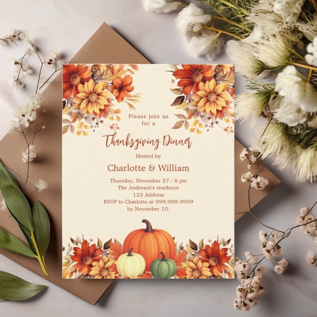 Thanksgiving dinner florals pumpkin invitation (Creator Uploaded)