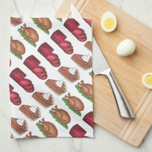 Thanksgiving Dinner Foods Turkey Cranberry Pie Tea Towel