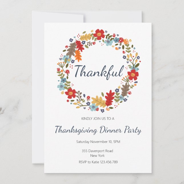 Thanksgiving Dinner Invitation Thankful Wreath (Front)
