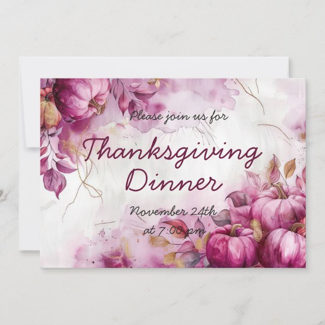 Thanksgiving Dinner Invitation Watercolor Pumpkin (Front)