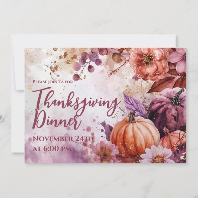 Thanksgiving Dinner Invitation Watercolor Pumpkins (Front)