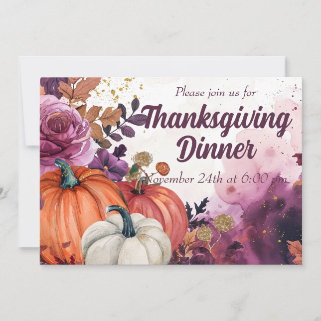 Thanksgiving Dinner Invitation Watercolor Pumpkins (Front)