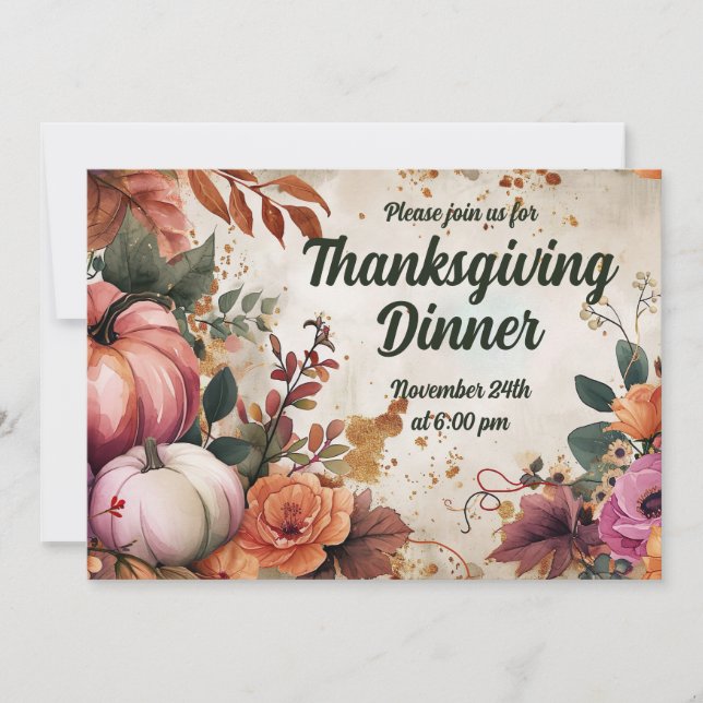 Thanksgiving Dinner Invitation Watercolor Pumpkins (Front)