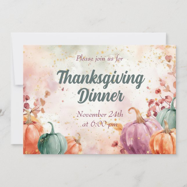 Thanksgiving Dinner Invitation Watercolor Pumpkins (Front)