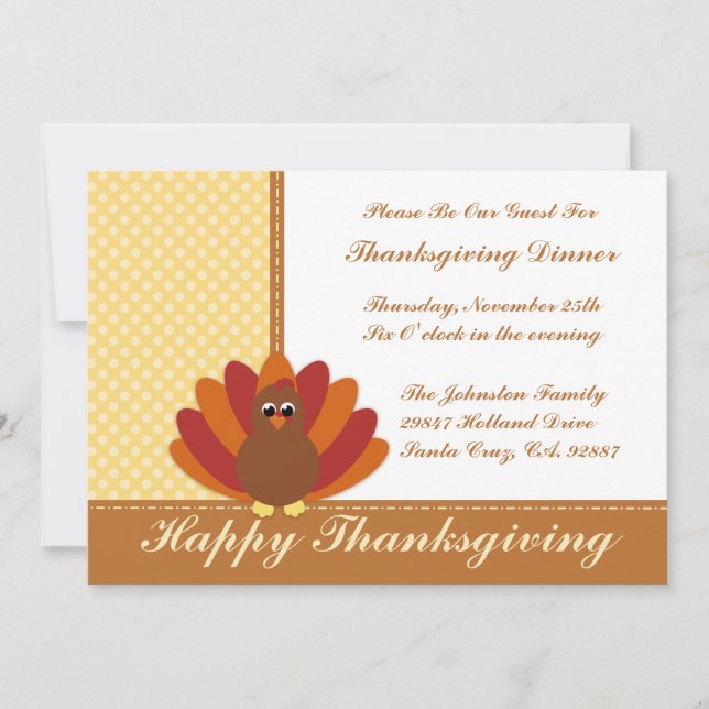 Thanksgiving Dinner Invitations Cute Turkey (Front)