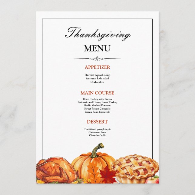 Thanksgiving Dinner Menu Invitation, Thanksgiving  (Front)
