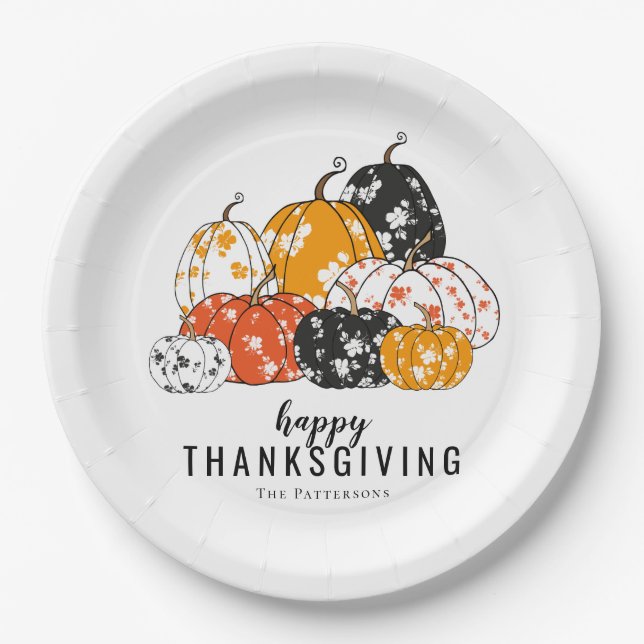 Thanksgiving Dinner Modern Floral Pumpkins Paper Plate (Front)