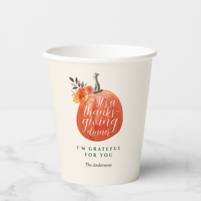 Thanksgiving Dinner Orange Autumn Pumpkin Floral Paper Cups (Front)