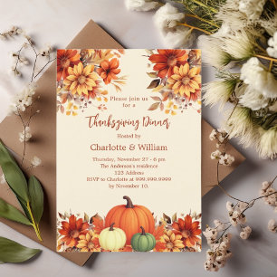 Thanksgiving dinner orange flowers pumpkin invitation
