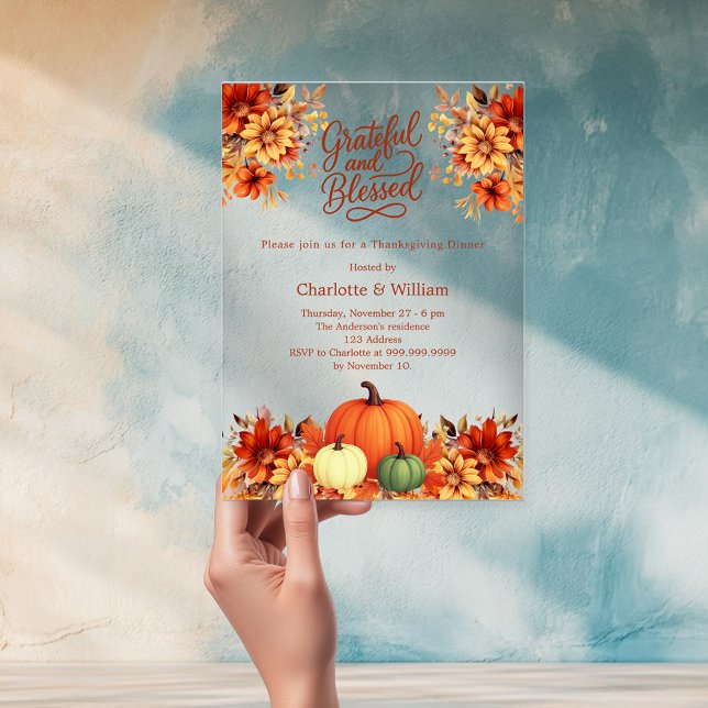 Thanksgiving dinner orange pumpkin flowers clear acrylic invitations (Creator Uploaded)