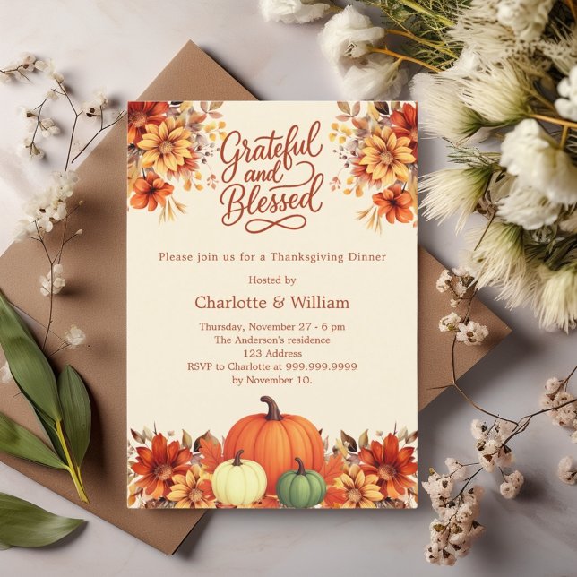 Thanksgiving dinner orange pumpkin flowers invitation (Creator Uploaded)