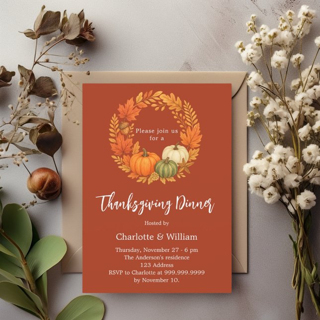 Thanksgiving dinner orange pumpkin terracotta invitation (Creator Uploaded)