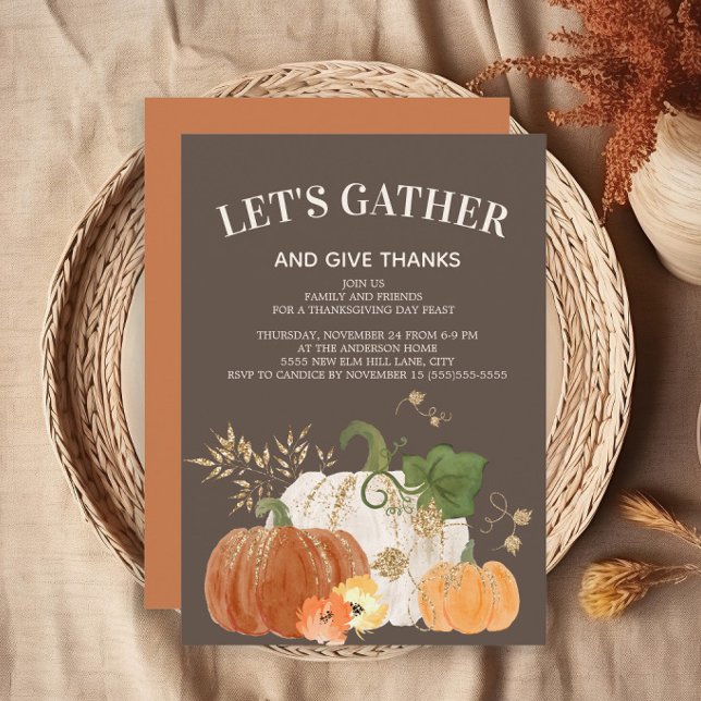 Thanksgiving Dinner Orange White Pumpkins Brown  Invitation (Thanksgiving dinner invitation)
