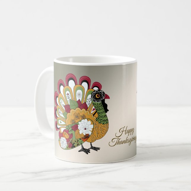 Thanksgiving Dinner Party Colourful Floral Turkey Coffee Mug (Front Left)