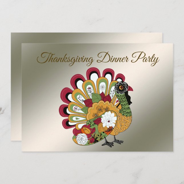 Thanksgiving Dinner Party Colourful Floral Turkey Invitation (Front/Back)