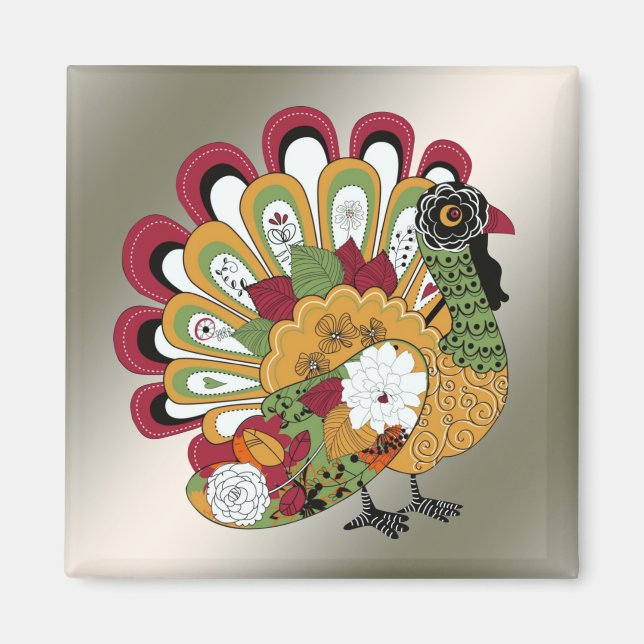 Thanksgiving Dinner Party Colourful Floral Turkey Magnet (Front)