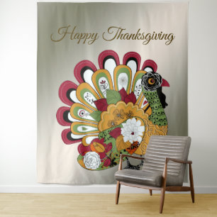 Thanksgiving Dinner Party Colourful Floral Turkey Tapestry