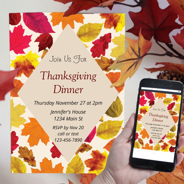 Thanksgiving Dinner Party Fall Colours Leaves Invitation (Creator Uploaded)