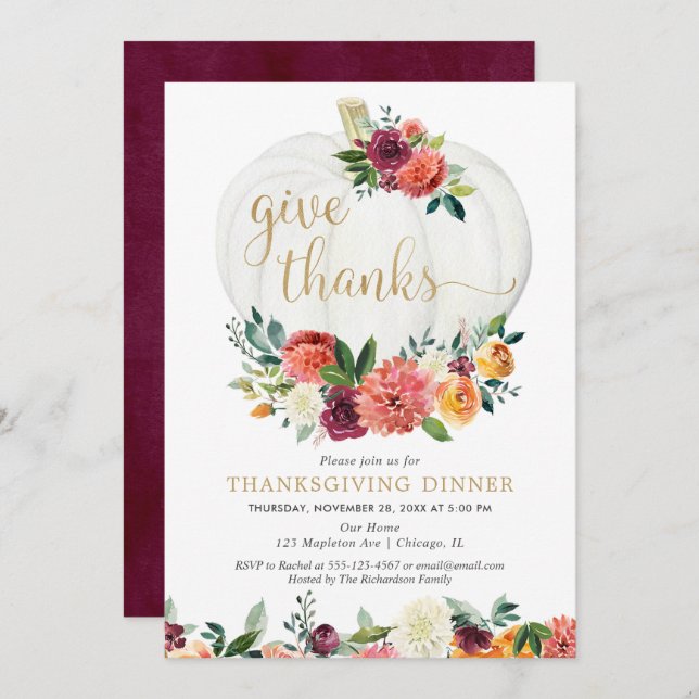 Thanksgiving dinner party fall floral pumpkins invitation (Front/Back)