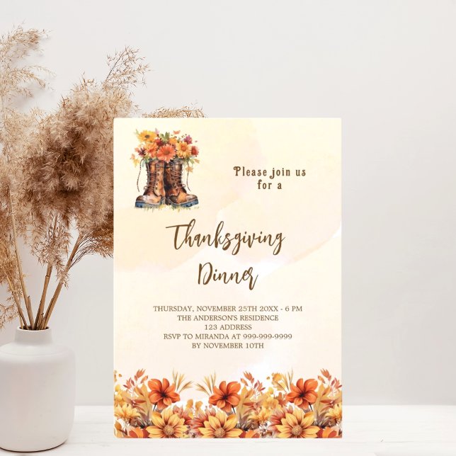 Thanksgiving dinner party orange fall floral boots invitation postcard (Creator Uploaded)