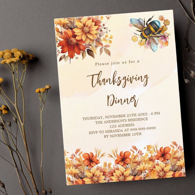 Thanksgiving dinner party orange floral bee luxury invitation (Creator Uploaded)