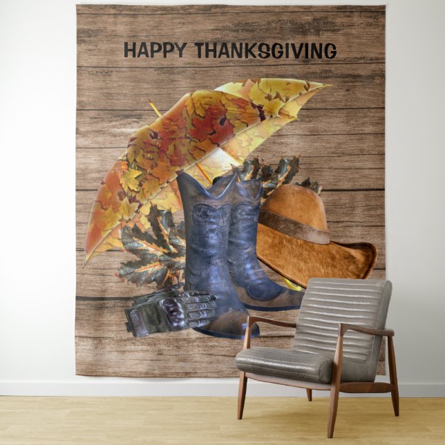 Thanksgiving Dinner Party Orange Rustic Vintage Tapestry (In Situ)