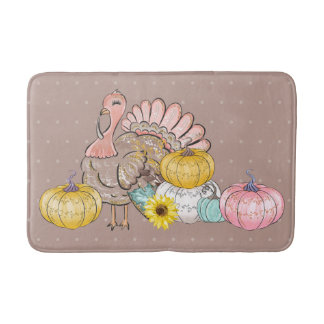 Thanksgiving Dinner Party Turkey Pumpkins Pink Tan Bath Mat