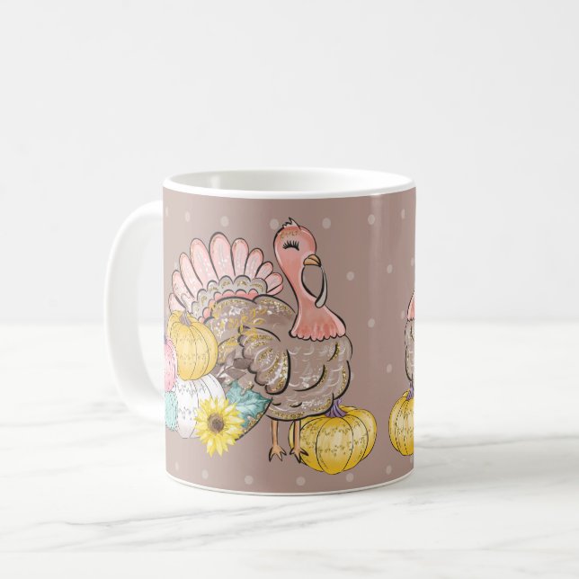 Thanksgiving Dinner Party Turkey Pumpkins Pink Tan Coffee Mug (Front Left)